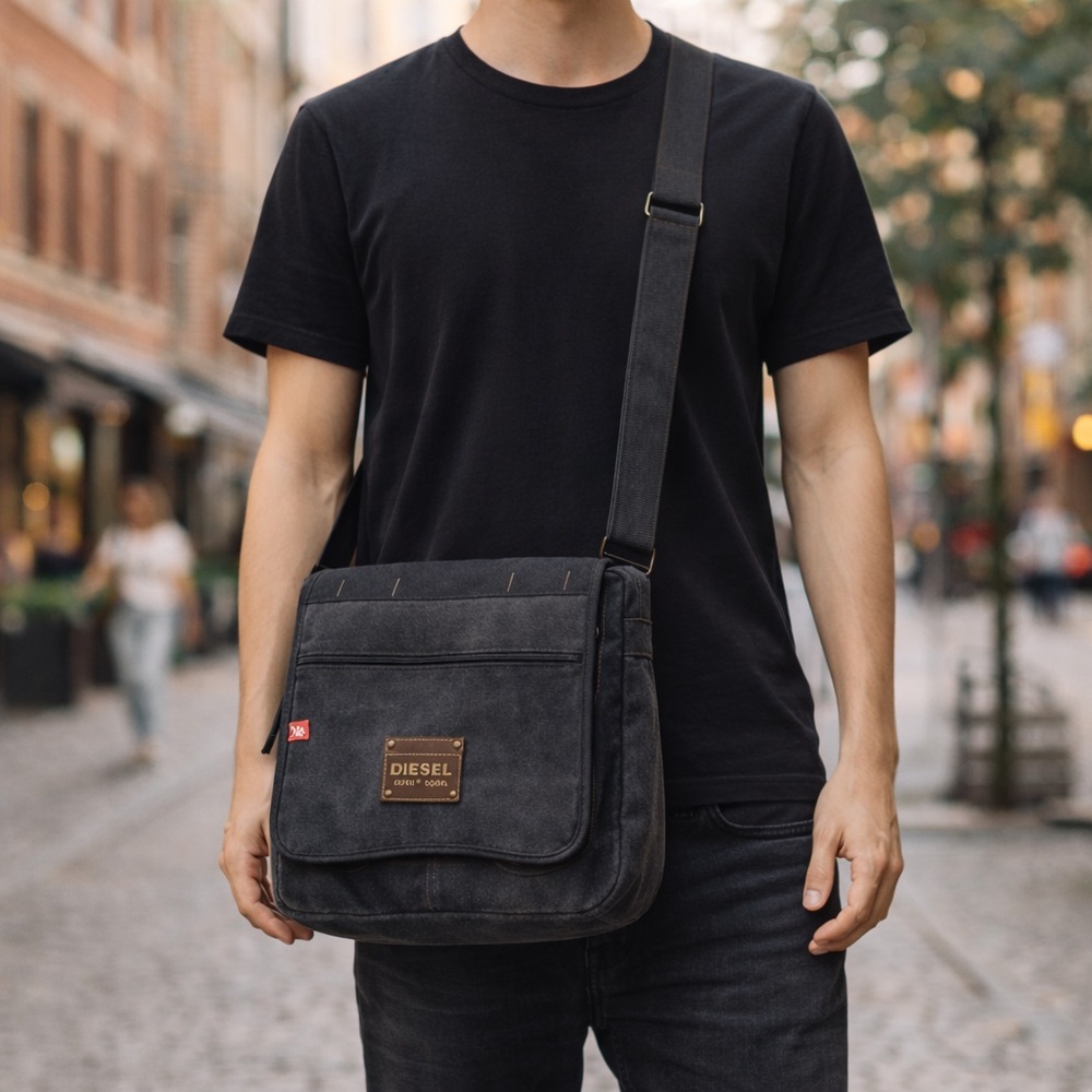 Diesel Planet Ocean Studio Y2K Charcoal Gray Canvas Messenger Bag Crossbody